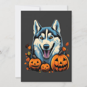 Pop Art Lachende Husky Hond met Pompoenen Hallowee Feestdagenkaart