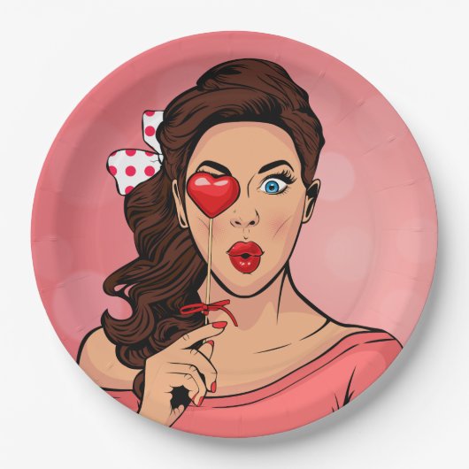 Pop Art Lady Hart Lollipop Papieren Bordje (Voorkant)