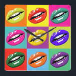 Pop Art Lips Pattern Designed Clock. Vierkante Klok<br><div class="desc">Druk de tijd uit met deze moderne Pop Art Lips patterned Klok. Als je dit ontwerp leuk vindt, kijk dan eens naar het grote assortiment producten in mijn winkel. Als je deze klok meer op maat wilt maken, geef dan een bericht en ik zal graag helpen. Dank u voor de...</div>