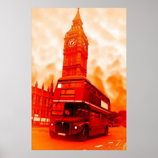 Pop Art London Bus Big Ben Red Orange Yellow Poster (Voorkant)