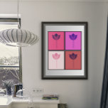 Pop Art Lotus Quartet Poster<br><div class="desc">Dit gedurfde en moderne ontwerp toont vier levendige lotusbloemen, elk badend in rijke tinten roze, magenta en rood. Het minimalistische silhouet van de lotus, in tegenstelling tot energetische kleurblokken, brengt een hedendaagse flair naar het tijdloze schoonheidssymbool en spiritueel ontwaken. Of je nu een vleugje zen aan je ruimte wilt toevoegen...</div>