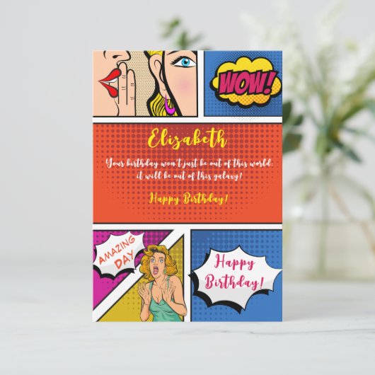 Pop art meisje komiek gefeliciteerde verjaardag kaart (Staand voorkant)