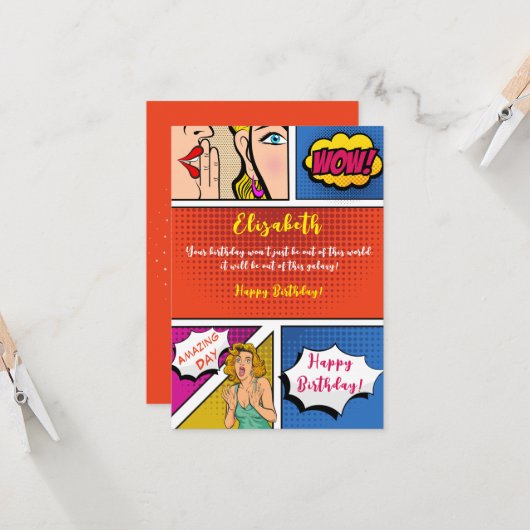 Pop art meisje komiek gefeliciteerde verjaardag kaart (Voorkant / Achterkant in situ)