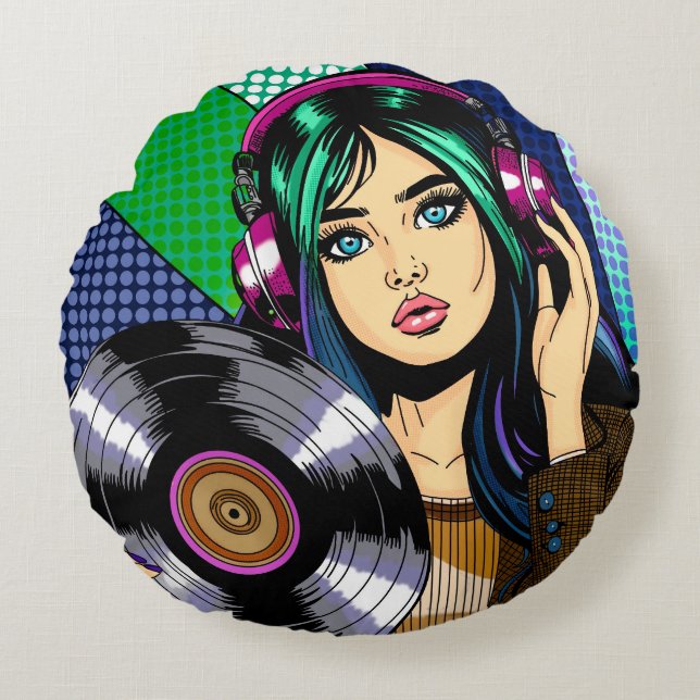 Pop Art-meisje met plaat Rond Kussen (Voorkant)