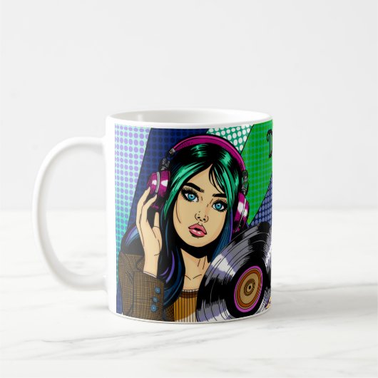 Pop Art Meisje met Record Gepersonaliseerd Koffiemok (Links)