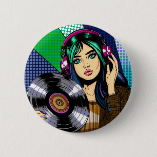 Pop Art Meisje met Record Ronde Button 5,7 Cm