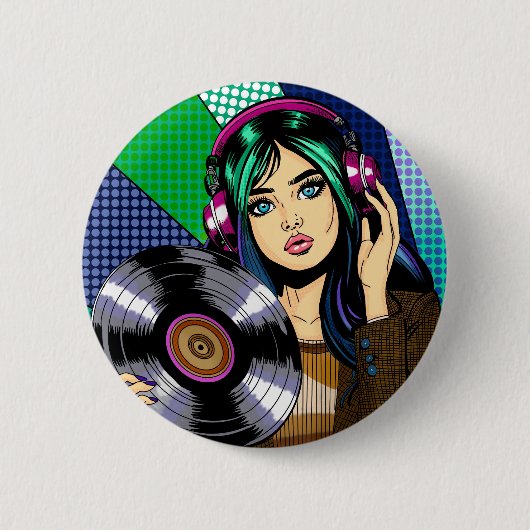 Pop Art Meisje met Record Ronde Button 5,7 Cm (Voorkant)