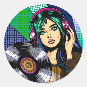 Pop Art Meisje met Record Ronde Sticker