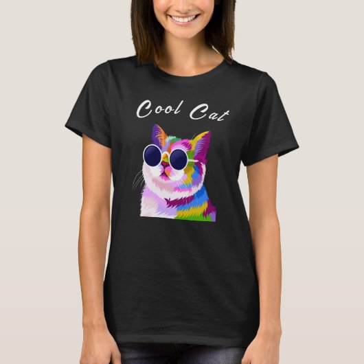 Pop Art Modern Multicolour Bewerkbare Cool Cat T-shirt (Voorkant)