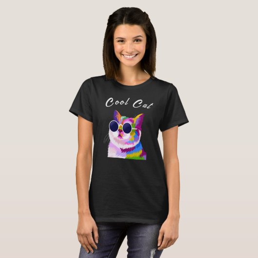 Pop Art Modern Multicolour Bewerkbare Cool Cat T-shirt (Voorkant volledig)