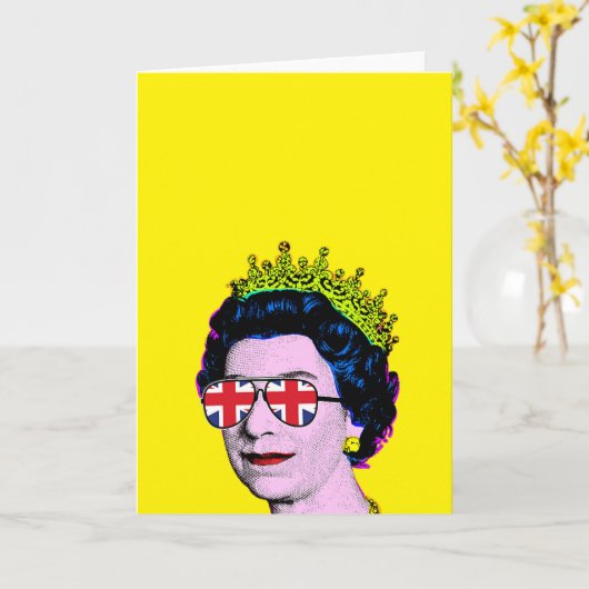 Pop Art Modern Plezier HM Koningin in Union Jack-b Kaart (Gele Bloem)