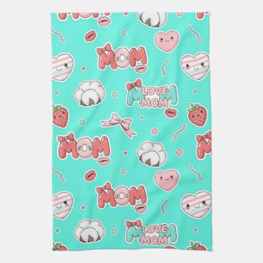 Pop Art MOM Love Pattern in Turquoise (3) Theedoek (Verticaal)