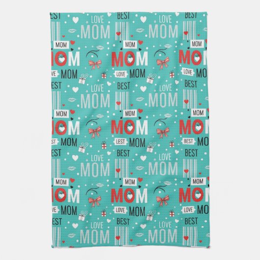 Pop Art MOM Love Pattern in Turquoise (7) Theedoek (Verticaal)