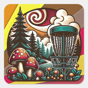 Pop Art Mushrooms en Disc Golf Course Ai Art Vierkante Sticker
