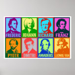 Pop Art Music Composers | Bright Mod Poster<br><div class="desc">Heldere kleuren voegen een moderne kunstgeest toe aan deze grafisch gestileerde portretten van beroemde muziekcomponisten. Elk portret is ontworpen met twee verschillende intense kleuren en heeft de voornaam van de kunstenaar die hieronder in een vette, schone lettersoort is geplaatst. Acht componisten zijn voorzien van: Chopin, Bach, Wagner, Schubert, Tchaikovsky, Shostakovich,...</div>