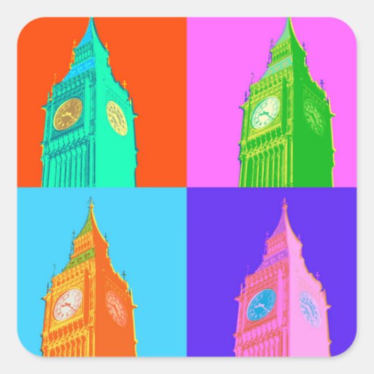 Pop Art Neon Big Ben Vierkante Sticker (Voorkant)