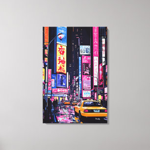 Pop Art Neon Stadslandschap met Gele Taxi Canvas Afdruk