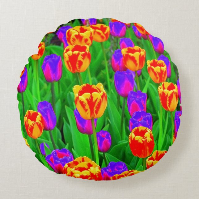 Pop Art Neon Tulips Rond Kussen (Voorkant)