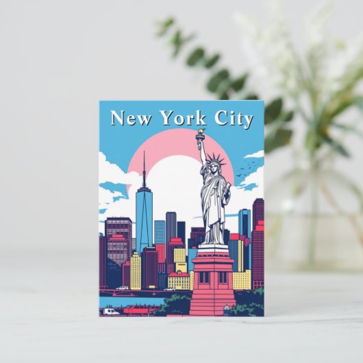 Pop Art New York Retro Comic Statue Briefkaart (Staand voorkant)