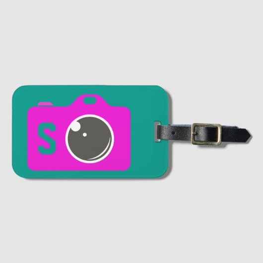 Pop Art Paarse camera Groen monogram Bagagelabel (Voorkant (horizontaal))