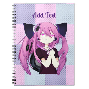 Pop Art Paarse en Blauwe Anime Meisje met Kattenor Notitieboek