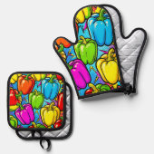 Pop Art Paprika Patroon Ovenwant & Pannenlap Set (Voorkant / Achterkant)