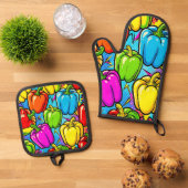Pop Art Paprika Patroon Ovenwant & Pannenlap Set (Top down)