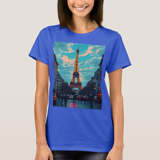 Pop Art Paris – levendig Retro stadsbeeld T-shirt (Voorkant)