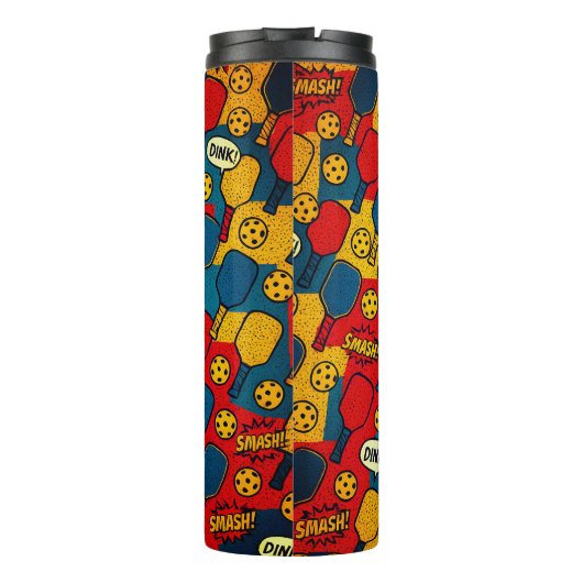 Pop Art Pickleball – Retro Comic-Style Design Thermosbeker (Achterkant)
