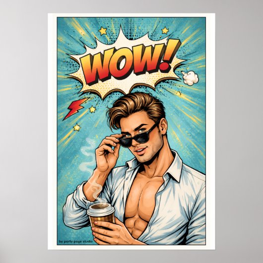 Pop Art Poster „WOW!“ – Attraktiver Mann Comic Wan (Voorkant)