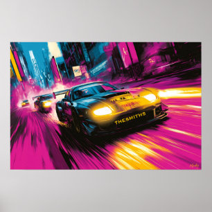 Pop Art Racende Auto Neon Stad Muurkunst Poster