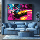 Pop Art Racende Auto Neon Stad Muurkunst Poster