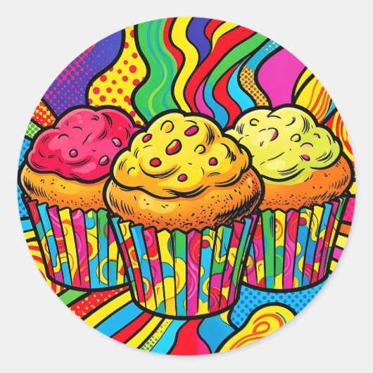 Pop Art Regenboog Cupcakes Explosie Ronde Sticker (Voorkant)