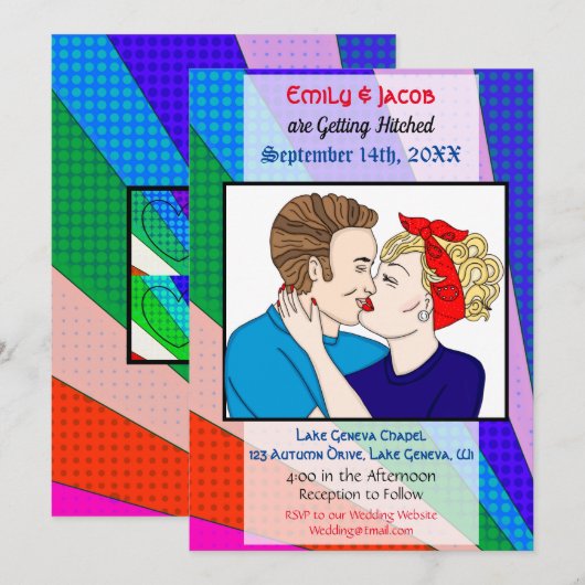 Pop Art Retro Couple Wedding Invite Kaart (Voorkant / Achterkant)