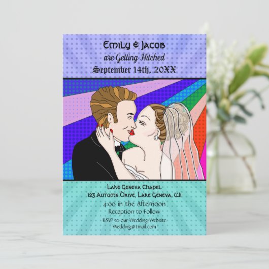 Pop Art Retro Couple Wedding Invite Kaart (Staand voorkant)