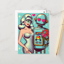Pop Art Robot en Alien Vrouw In Liefde Briefkaart