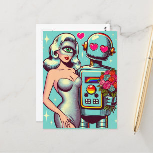 Pop Art Robot en Alien Vrouw In Liefde Briefkaart