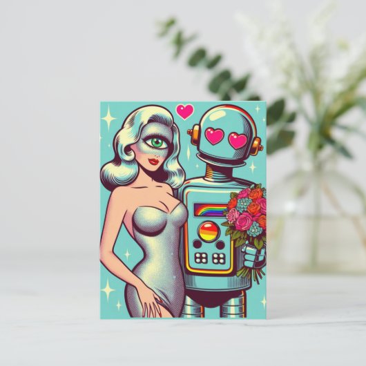 Pop Art Robot en Alien Vrouw In Liefde Briefkaart (Staand voorkant)