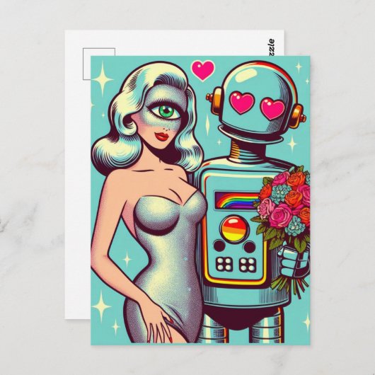 Pop Art Robot en Alien Vrouw In Liefde Briefkaart (Voorkant / Achterkant)