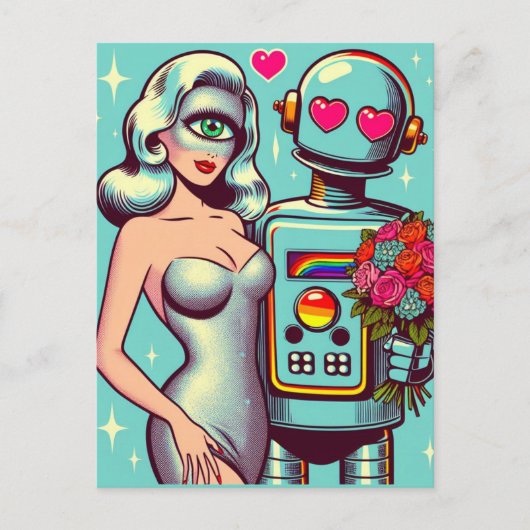 Pop Art Robot en Alien Vrouw In Liefde Briefkaart (Voorkant)