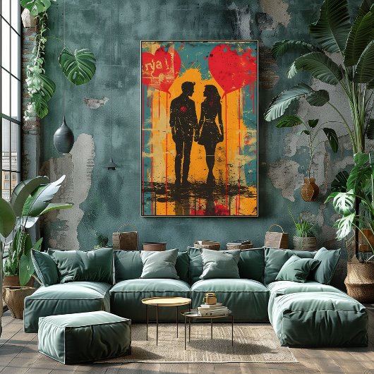 Pop Art Romántico: Pareja con Globos de Corazón Foto Afdruk