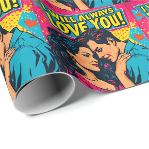 Pop Art Romantische Liefde Blauw Magenta Geel  Cadeaupapier