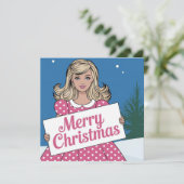 Pop art roze Vrolijk Kerstfeest retro meisje (Staand voorkant)