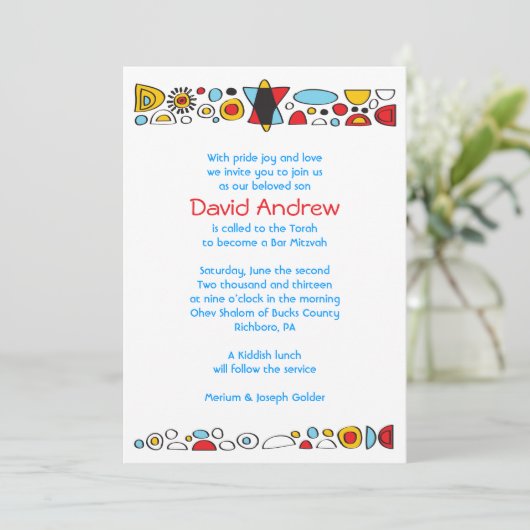 POP ART SCRIBBLY Bar Mitzvah Uitnodiging (Staand voorkant)