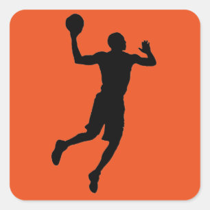 Pop Art Sinaasappel Zwart Basketbalspeler Silhouet Vierkante Sticker