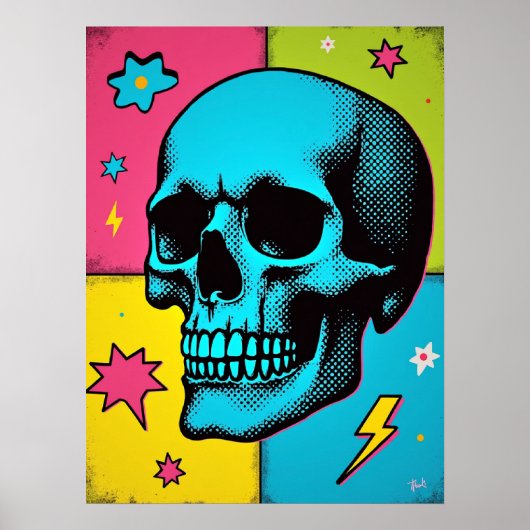 Pop Art Skull met Neon Halftone Stippen Poster (Voorkant)