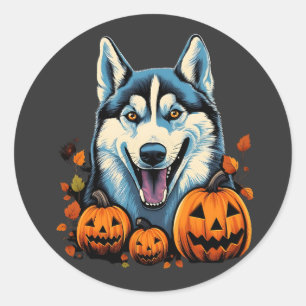 Pop Art Smilling Husky Dog met Pompoenen Halloween Ronde Sticker