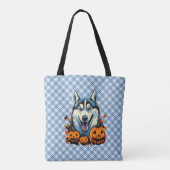Pop Art Smilling Husky Dog met Pompoenen Halloween Tote Bag (Achterkant)