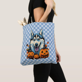 Pop Art Smilling Husky Dog met Pompoenen Halloween Tote Bag