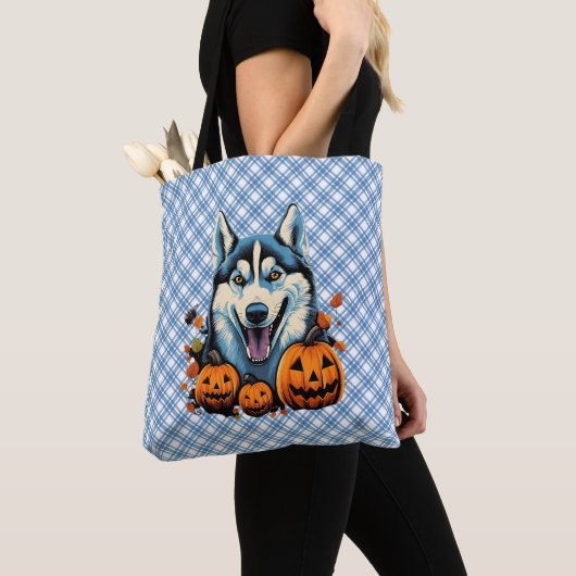 Pop Art Smilling Husky Dog met Pompoenen Halloween Tote Bag (Dichtbij)